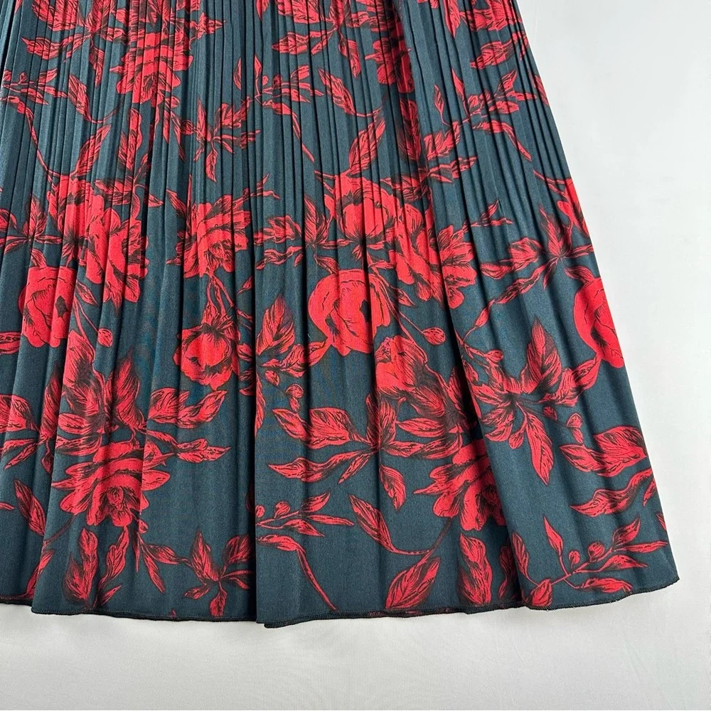 EXLURA Women Floral Pleated Flowy Side Pocket Midi Skirt Red Navy - Picture 9 of 15